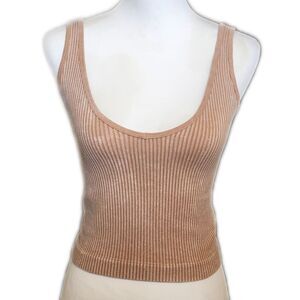 Aura Beige Tan Ribbed Cropped Wide V-Neck Sleeveless Tank Top, M/L